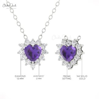 Heart Shape Cluster Necklace In Pure 14k Gold Amethyst Diamond Halo Chain Necklaces