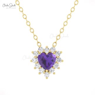 Heart Shape Cluster Necklace In Pure 14k Gold Amethyst Diamond Halo Chain Necklaces