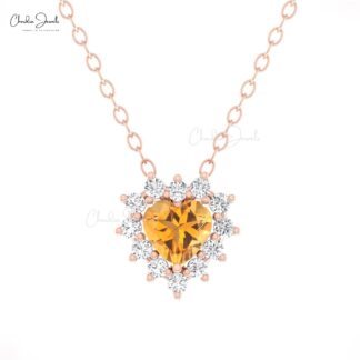 Halo Heart Chain Necklace In 14k Solid Gold Citrine 5mm Gemstone Diamond Necklaces