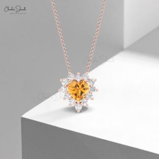 Halo Heart Chain Necklace In 14k Solid Gold Citrine 5mm Gemstone Diamond Necklaces