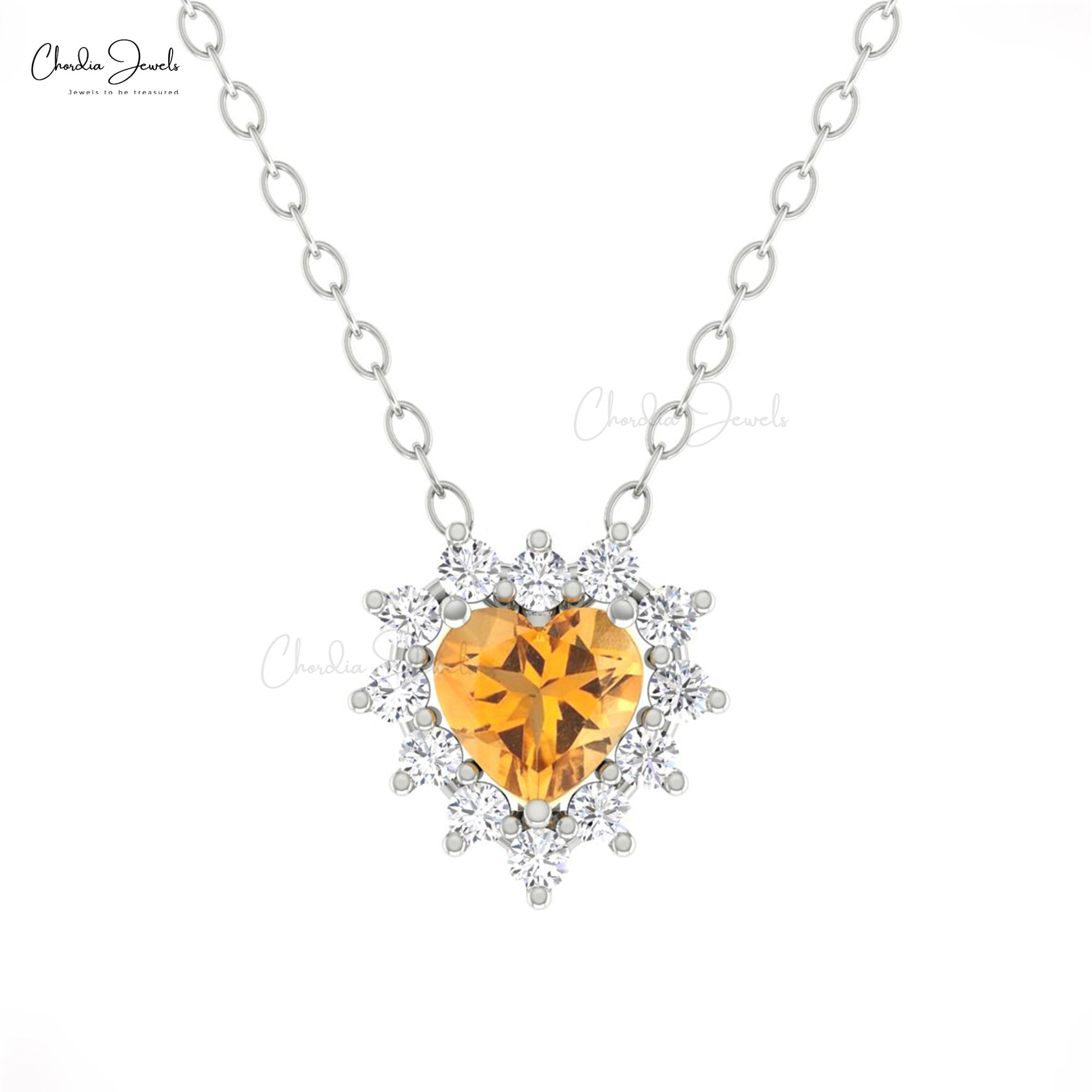 Halo Heart Chain Necklace In 14k Solid Gold Citrine 5mm Gemstone Diamond Necklaces