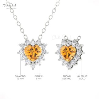 Halo Heart Chain Necklace In 14k Solid Gold Citrine 5mm Gemstone Diamond Necklaces
