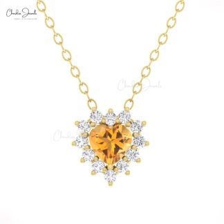 Halo Heart Chain Necklace In 14k Solid Gold Citrine 5mm Gemstone Diamond Necklaces