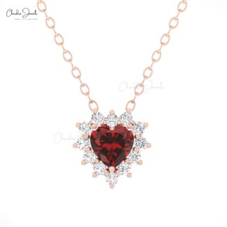 Small Diamond Halo Necklace With 5mm Heart Cut Garnet Prong Set In 4k Real Gold Necklace