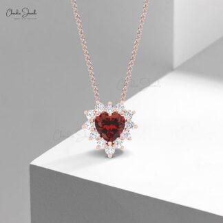 Small Diamond Halo Necklace With 5mm Heart Cut Garnet Prong Set In 4k Real Gold Necklace