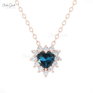 Cluster Heart Love Necklace With 0.42 Ct London Blue Topaz Diamond 14k Real Gold Jewelry