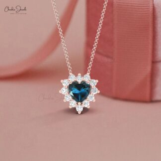 Cluster Heart Love Necklace With 0.42 Ct London Blue Topaz Diamond 14k Real Gold Jewelry