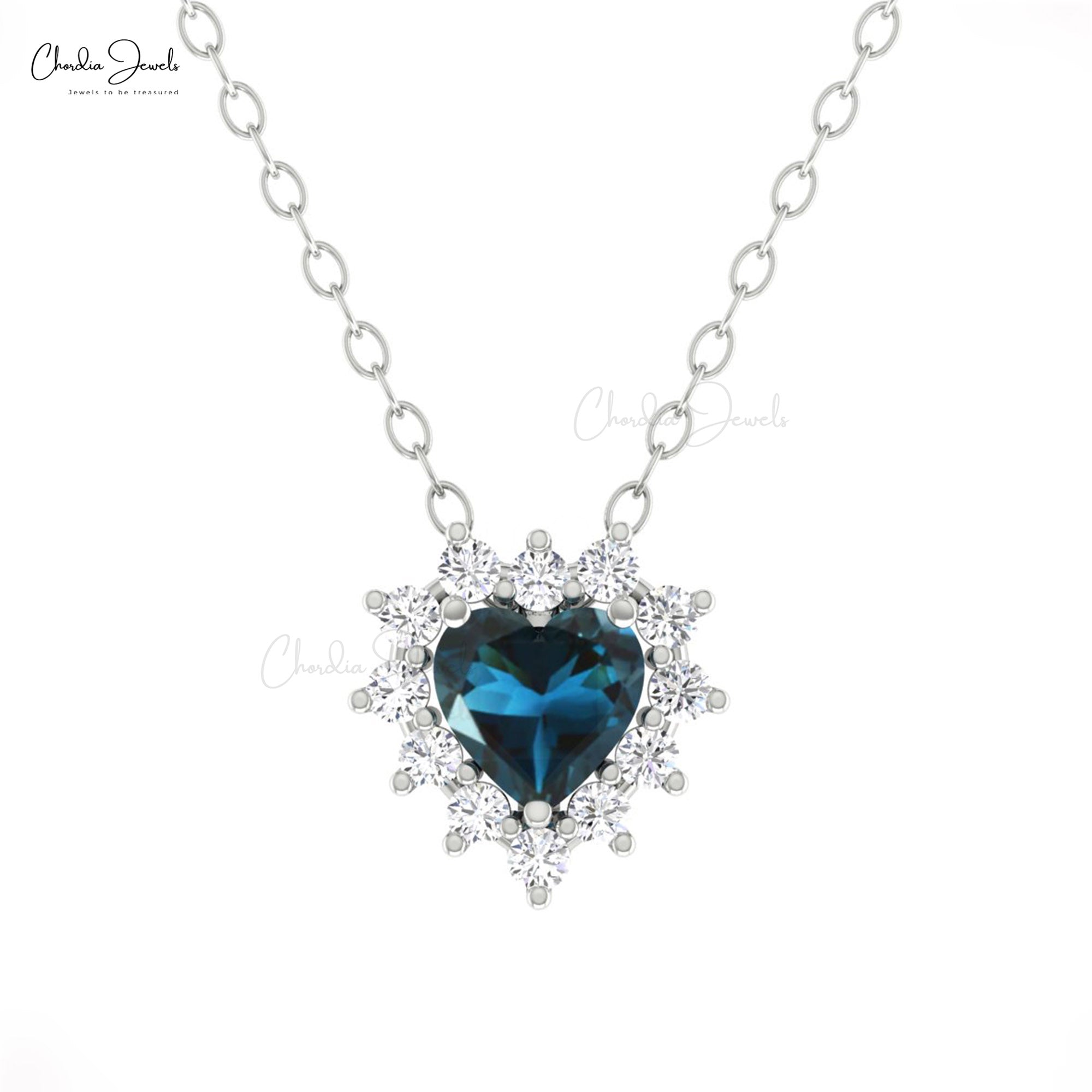 Cluster Heart Love Necklace With 0.42 Ct London Blue Topaz Diamond 14k Real Gold Jewelry