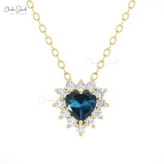 Cluster Heart Love Necklace With 0.42 Ct London Blue Topaz Diamond 14k Real Gold Jewelry