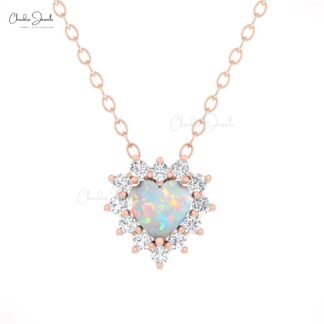 Dual Birthstone Heart Necklace With 5mm Fire Opal G-H Diamond 14k Solid Gold Jewelry