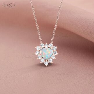Dual Birthstone Heart Necklace With 5mm Fire Opal G-H Diamond 14k Solid Gold Jewelry