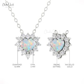 Dual Birthstone Heart Necklace With 5mm Fire Opal G-H Diamond 14k Solid Gold Jewelry