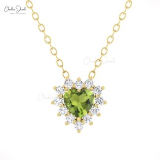 Halo Diamond Necklace In 14k Pure Gold Peridot 0.4 Ct Heart Gemstone Chain Necklaces