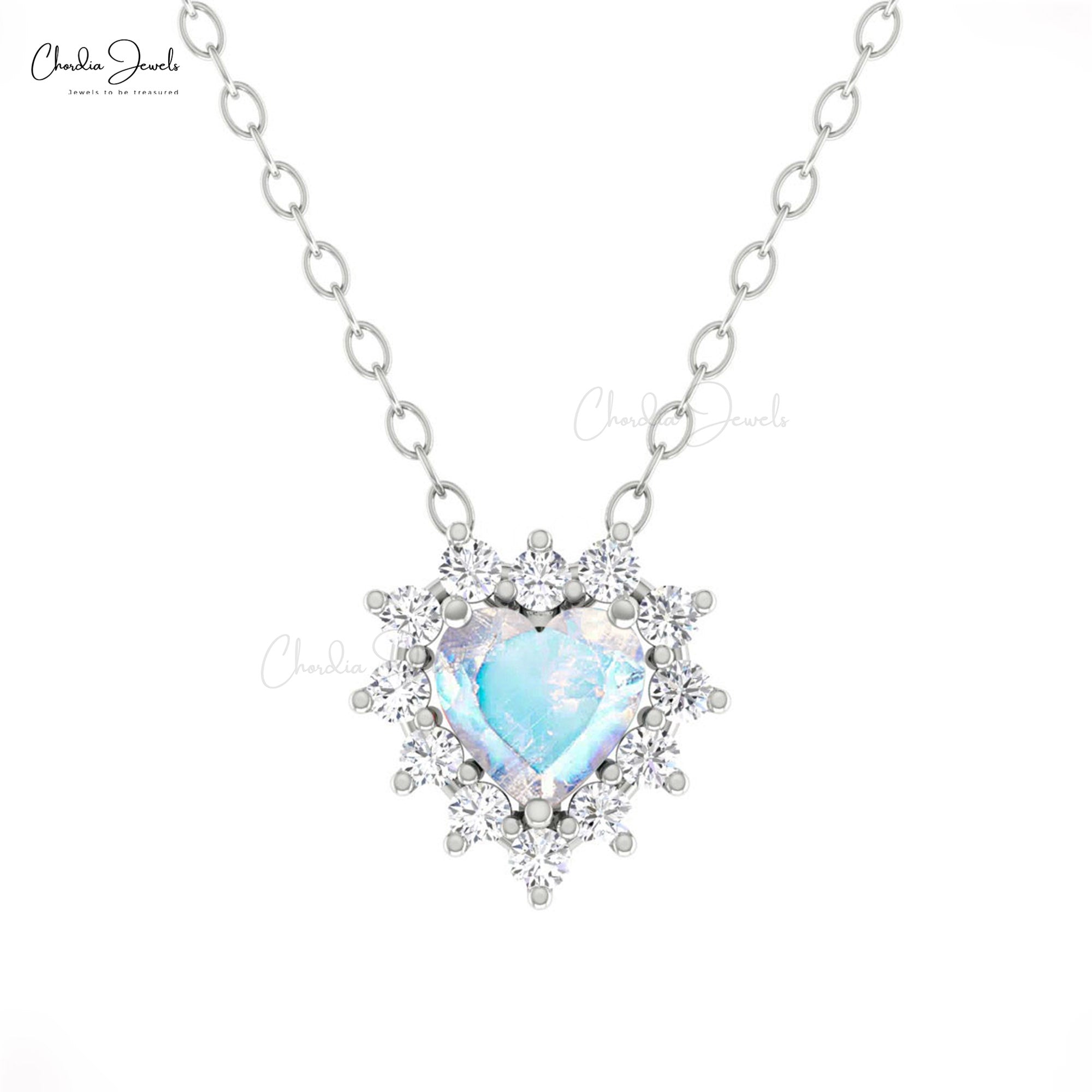 Heart Gemstone Chain Necklace In 14k Real Gold Rainbow Moonstone Diamond Bridal Necklaces