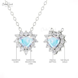 Heart Gemstone Chain Necklace In 14k Real Gold Rainbow Moonstone Diamond Bridal Necklaces