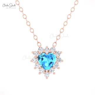 Gemstone Love Necklace In Solid 14k Gold Swiss Blue Topaz Diamond Halo Chain Necklaces