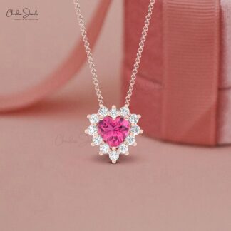Cluster Diamond Halo Necklace In Solid 14k Gold Pink Tourmaline 0.42 Ct Heart Necklaces