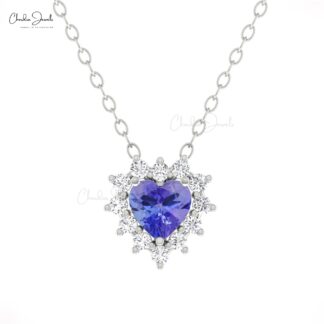 Halo Heart Chain Necklace With 5mm Tanzanite G-H Diamond 14k Real Gold Love Necklaces