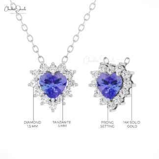 Halo Heart Chain Necklace With 5mm Tanzanite G-H Diamond 14k Real Gold Love Necklaces