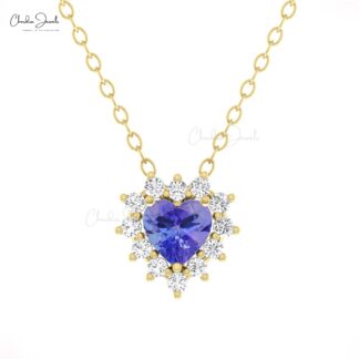 Halo Heart Chain Necklace With 5mm Tanzanite G-H Diamond 14k Real Gold Love Necklaces