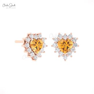 Solid 14k Gold Cluster Earring With 0.84 Ct Citrine And Diamond Halo Hallmarked Studs