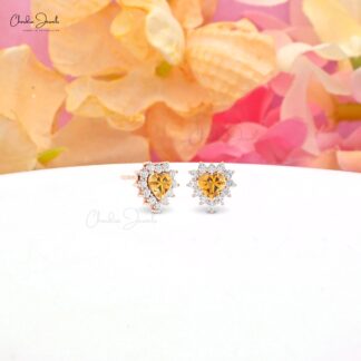 Solid 14k Gold Cluster Earring With 0.84 Ct Citrine And Diamond Halo Hallmarked Studs