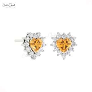 Solid 14k Gold Cluster Earring With 0.84 Ct Citrine And Diamond Halo Hallmarked Studs