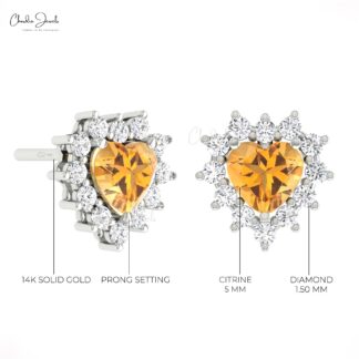 Solid 14k Gold Cluster Earring With 0.84 Ct Citrine And Diamond Halo Hallmarked Studs