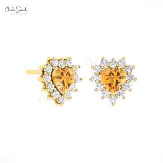 Solid 14k Gold Cluster Earring With 0.84 Ct Citrine And Diamond Halo Hallmarked Studs