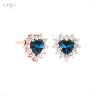 Heart London Blue Topaz Studs In 14k Solid Gold Halo Diamond Minimalist Earrings For Her