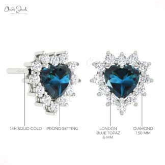 Heart London Blue Topaz Studs In 14k Solid Gold Halo Diamond Minimalist Earrings For Her