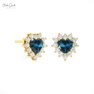 Heart London Blue Topaz Studs In 14k Solid Gold Halo Diamond Minimalist Earrings For Her