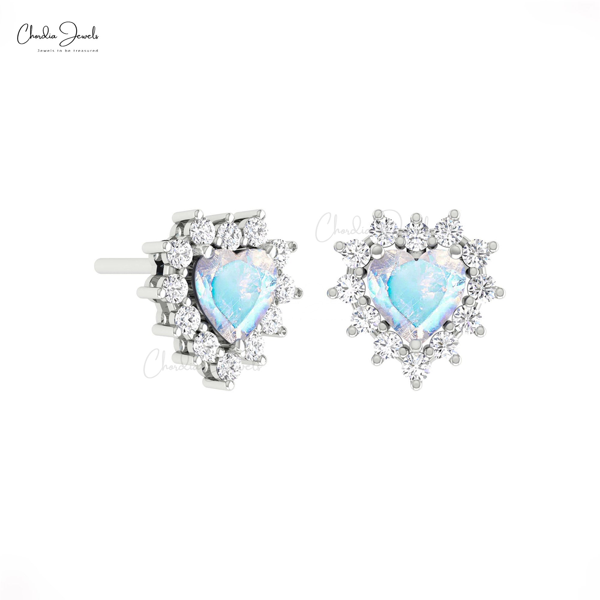 Cluster Halo Diamond Earrings With 5mm Rainbow Moonstone Prong Set In 14k Gold Studs