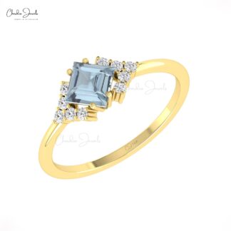 Delicate Diamond Halfway Ring With 0.6 Ct Aquamarine Square Cut 14k Real Gold Halo Rings