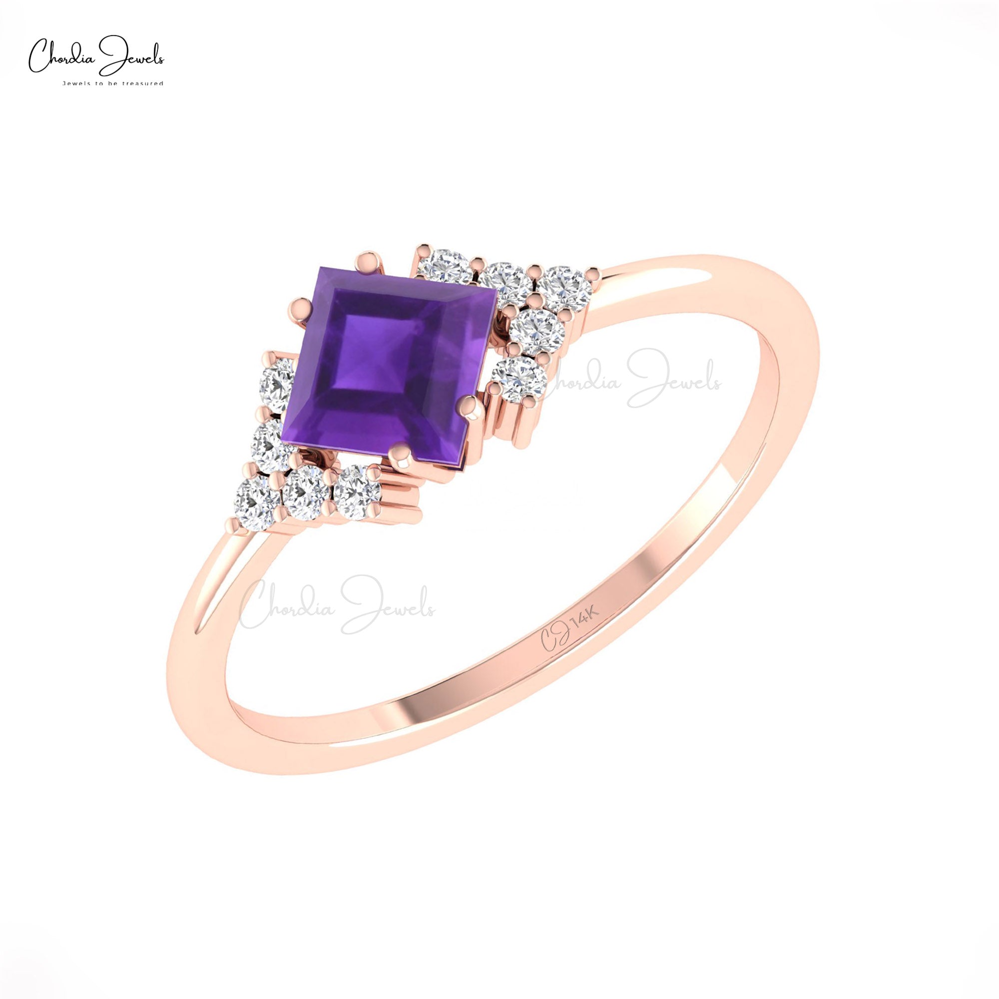 Dainty Half Halo Promise Ring In Pure 14k Gold Amethyst 5mm Square And Diamond Rings