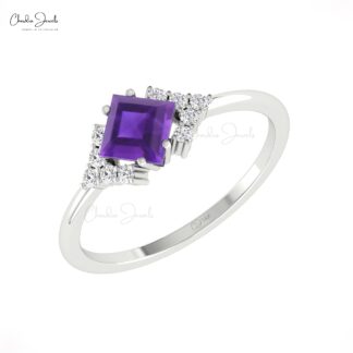 Dainty Half Halo Promise Ring In Pure 14k Gold Amethyst 5mm Square And Diamond Rings