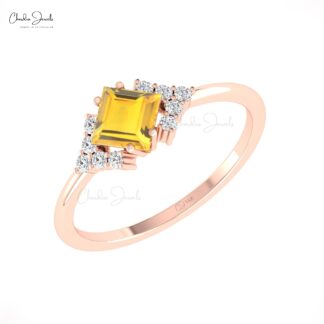 Square Cut Promise Ring In Real 14k Gold Citrine 5mm Gemstone And Diamond Half Halo Rings