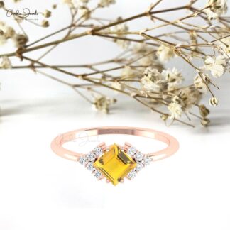 Square Cut Promise Ring In Real 14k Gold Citrine 5mm Gemstone And Diamond Half Halo Rings