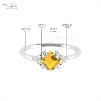Square Cut Promise Ring In Real 14k Gold Citrine 5mm Gemstone And Diamond Half Halo Rings