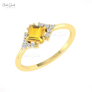 Square Cut Promise Ring In Real 14k Gold Citrine 5mm Gemstone And Diamond Half Halo Rings