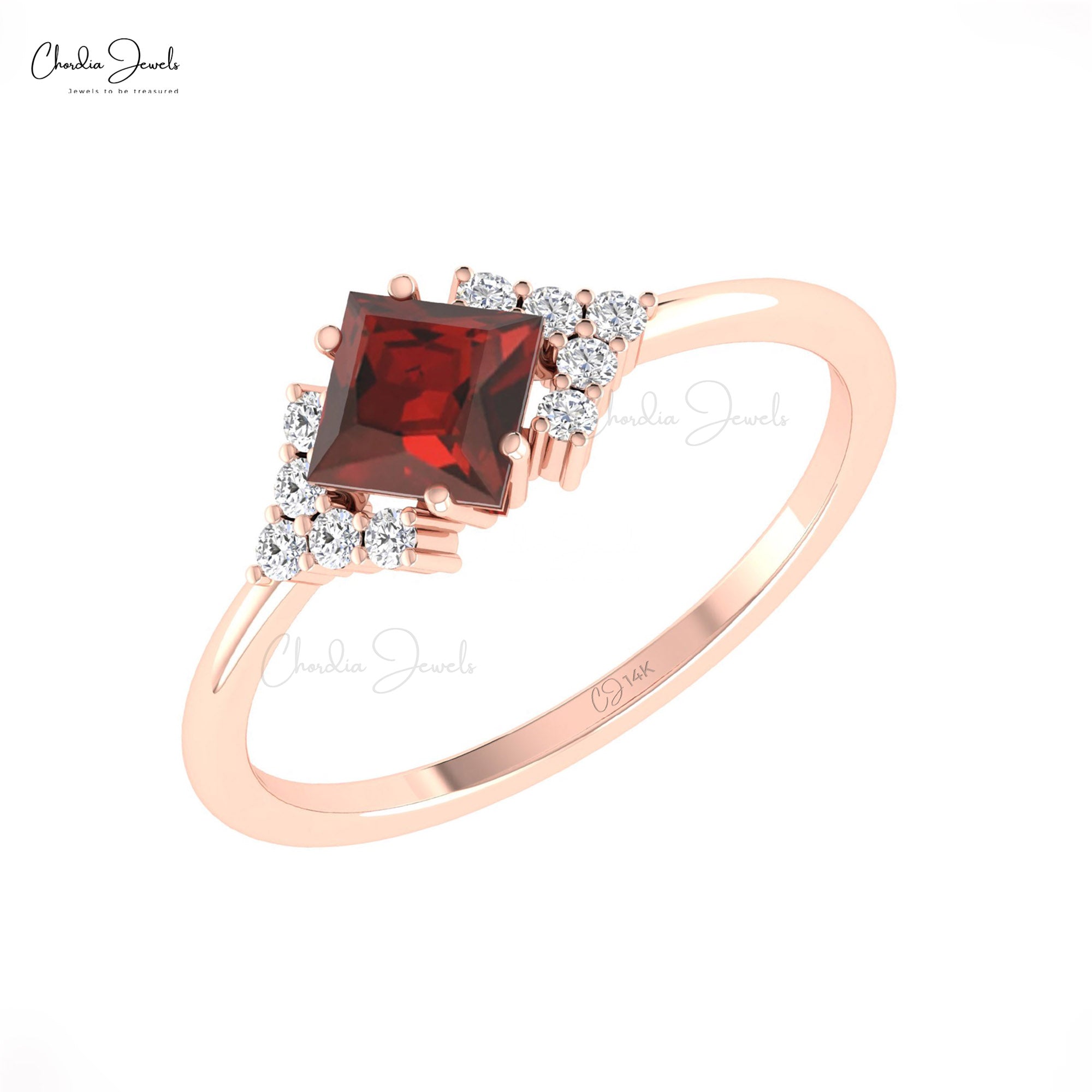 Real 14k Gold Half Halo Ring With 0.6 Ct Red Garnet G-H Diamond January Birthstone Rings