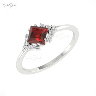 Real 14k Gold Half Halo Ring With 0.6 Ct Red Garnet G-H Diamond January Birthstone Rings