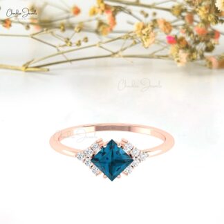 Dual Birthstone Half Halo Ring With 0.6 London Blue Topaz Pave Diamond Ring In 14k Gold