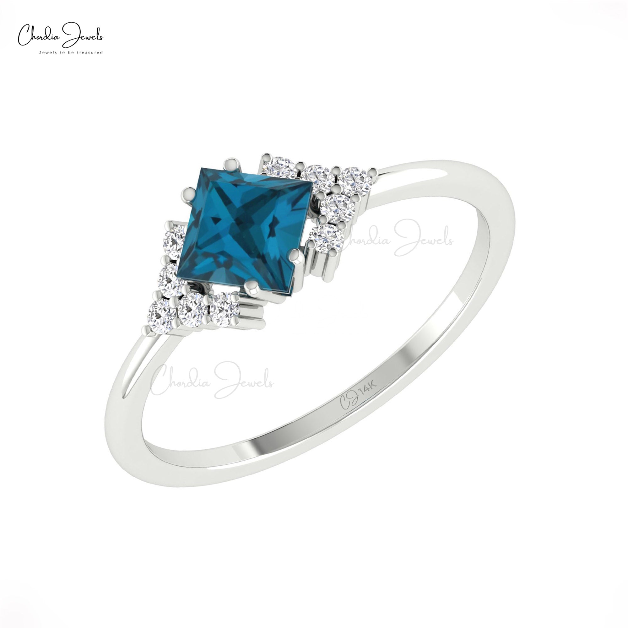 Dual Birthstone Half Halo Ring With 0.6 London Blue Topaz Pave Diamond Ring In 14k Gold