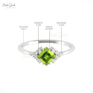 Square Half Halo Engagement Ring With 5mm Peridot And Pave Diamond 14k Gold Promise Rings