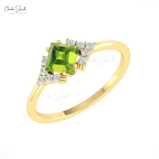 Square Half Halo Engagement Ring With 5mm Peridot And Pave Diamond 14k Gold Promise Rings