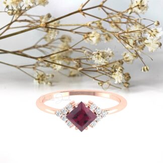 Square Half Halo Ring With 5mm Rhodolite Garnet And Diamond Pave Set In 14k Gold Rings