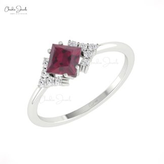Square Half Halo Ring With 5mm Rhodolite Garnet And Diamond Pave Set In 14k Gold Rings
