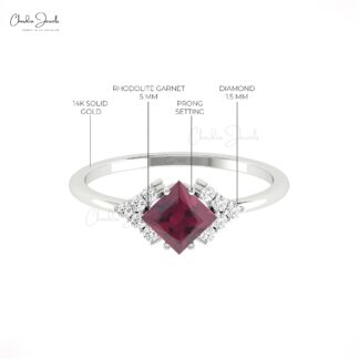Square Half Halo Ring With 5mm Rhodolite Garnet And Diamond Pave Set In 14k Gold Rings