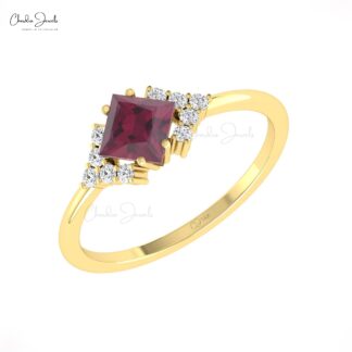Square Half Halo Ring With 5mm Rhodolite Garnet And Diamond Pave Set In 14k Gold Rings